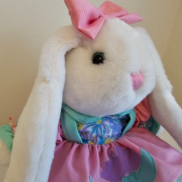 Main Joy Limited Bunny Rabbit Plush Stuffed Animal White Pink Teal Floral Vtg - Picture 3 of 10